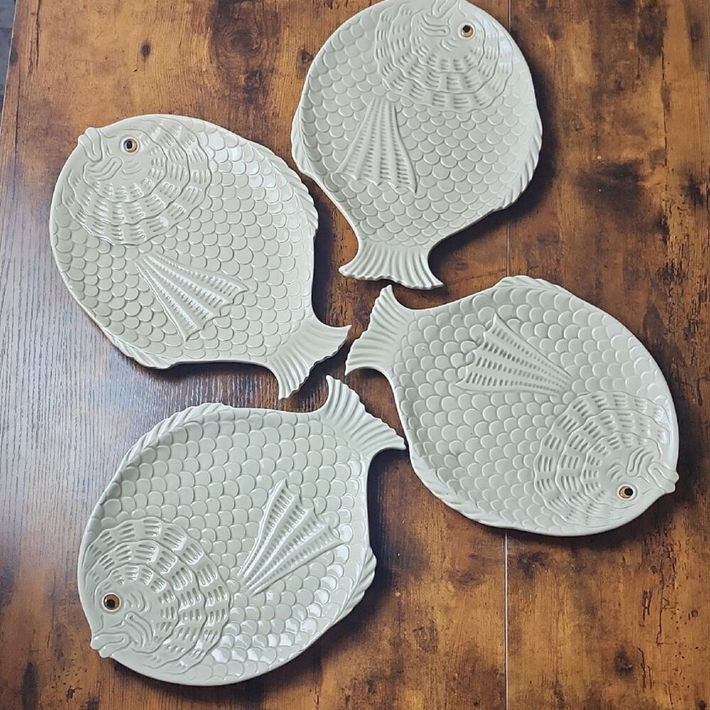 FITZ AND FLOYD | Set of 4 Vintage Fish‎ Platter Hand Painted Ivory | 12" X 9"